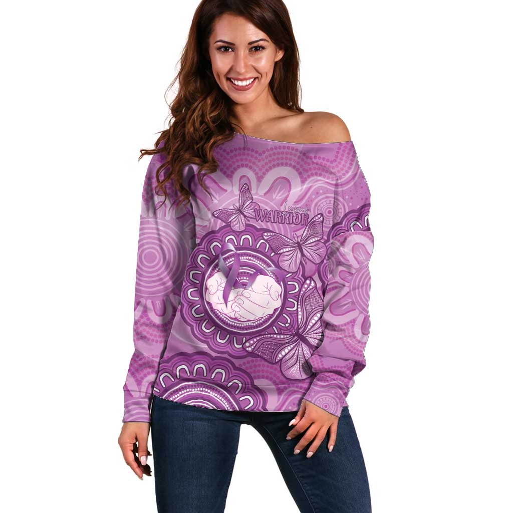 Australia Lupus Awareness Month Personalised Off Shoulder Sweater Warrior Purple Ribbon Butterflies Indigenous Art