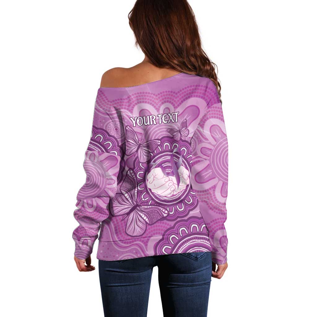 Australia Lupus Awareness Month Personalised Off Shoulder Sweater Warrior Purple Ribbon Butterflies Indigenous Art