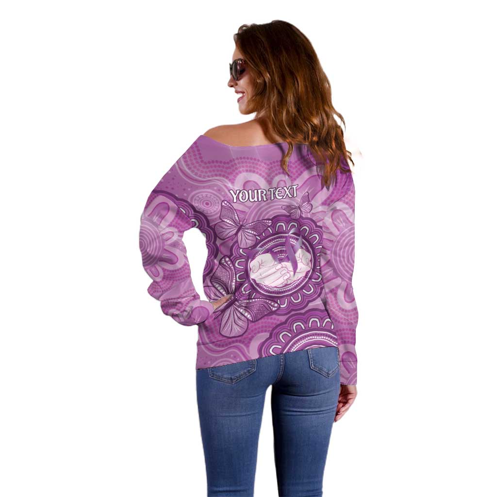 Australia Lupus Awareness Month Personalised Off Shoulder Sweater Warrior Purple Ribbon Butterflies Indigenous Art