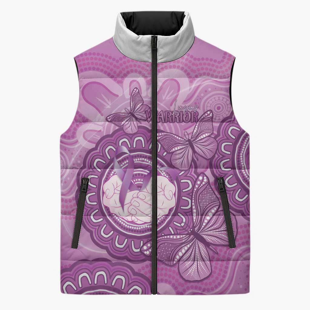 Australia Lupus Awareness Month Personalised Sleeveless Puffer Jacket Warrior Purple Ribbon Butterflies Indigenous Art