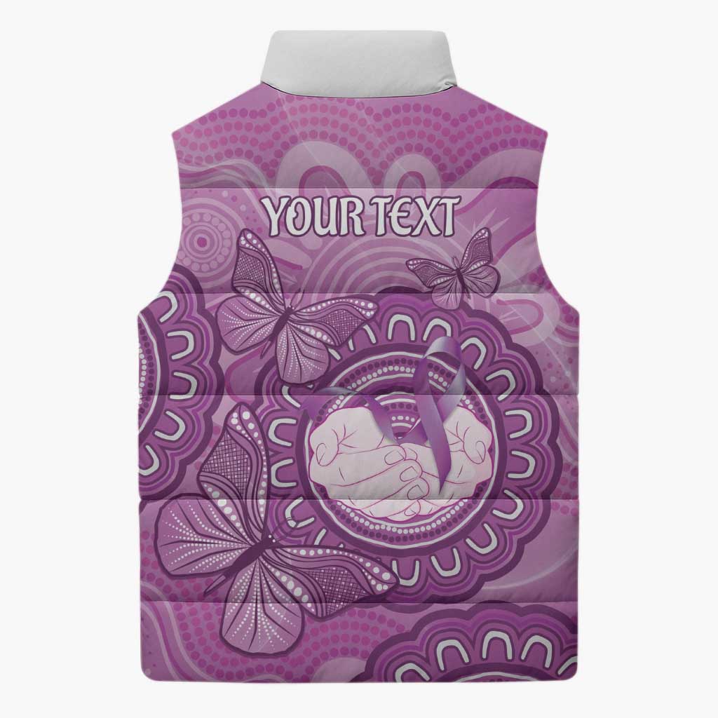 Australia Lupus Awareness Month Personalised Sleeveless Puffer Jacket Warrior Purple Ribbon Butterflies Indigenous Art