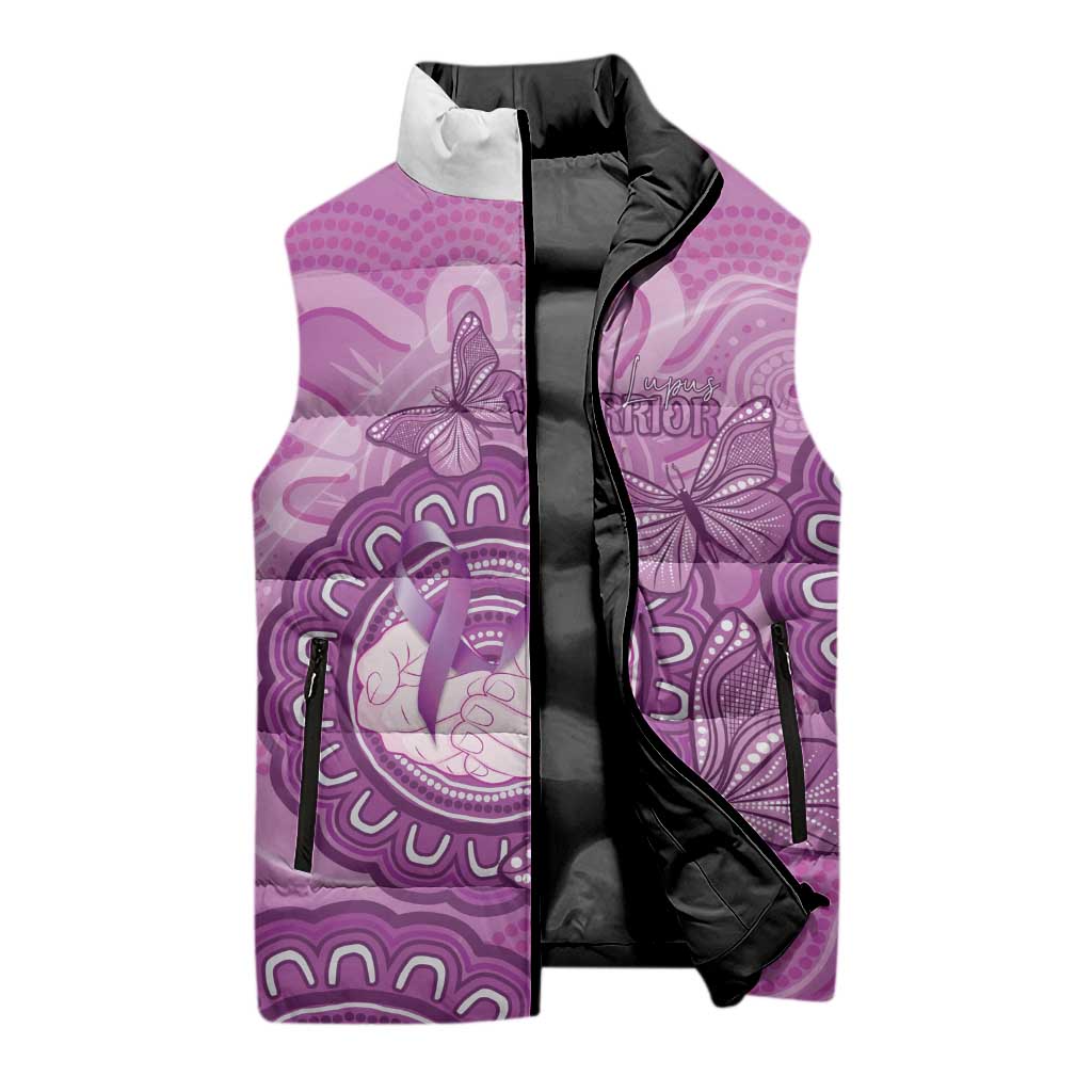 Australia Lupus Awareness Month Personalised Sleeveless Puffer Jacket Warrior Purple Ribbon Butterflies Indigenous Art