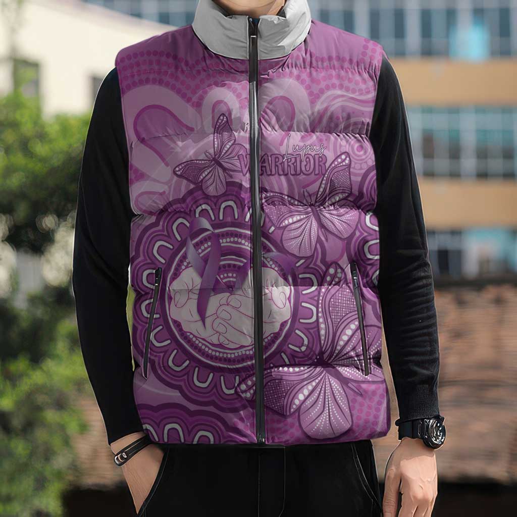 Australia Lupus Awareness Month Personalised Sleeveless Puffer Jacket Warrior Purple Ribbon Butterflies Indigenous Art