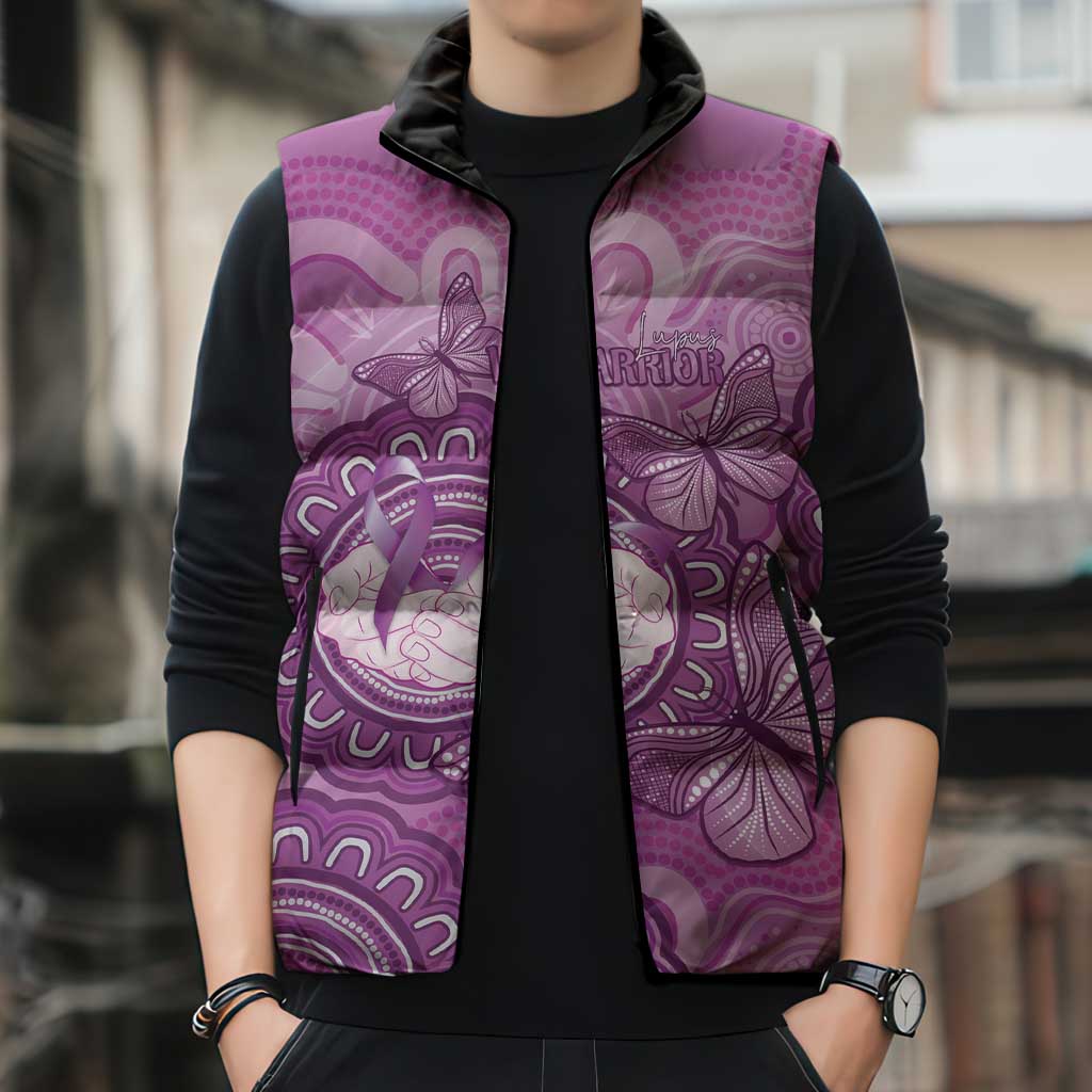 Australia Lupus Awareness Month Personalised Sleeveless Puffer Jacket Warrior Purple Ribbon Butterflies Indigenous Art