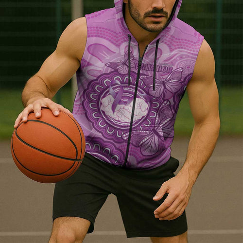 Australia Lupus Awareness Month Personalised Sleeveless Zip Hoodie Warrior Purple Ribbon Butterflies Indigenous Art