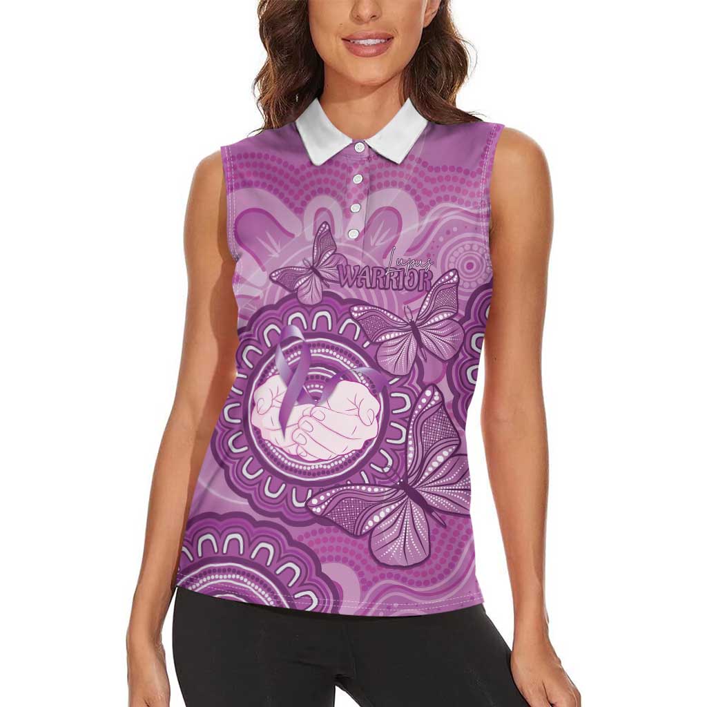 Australia Lupus Awareness Month Personalised Women Sleeveless Polo Shirt Warrior Purple Ribbon Butterflies Indigenous Art