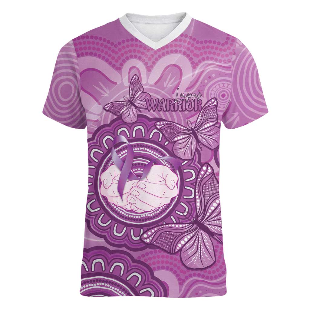 Australia Lupus Awareness Month Personalised Women V-Neck T-Shirt Warrior Purple Ribbon Butterflies Indigenous Art