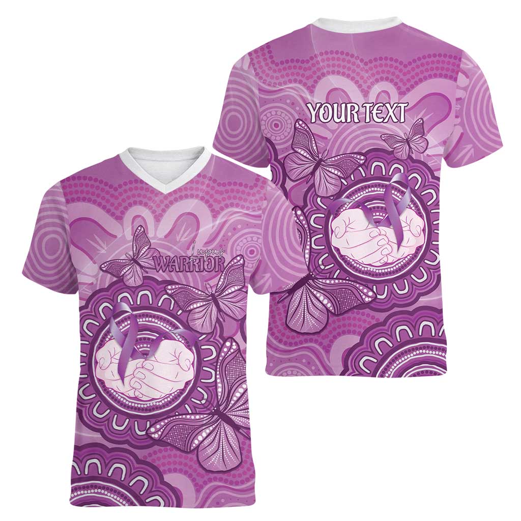 Australia Lupus Awareness Month Personalised Women V-Neck T-Shirt Warrior Purple Ribbon Butterflies Indigenous Art
