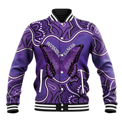 Australia Lupus Awareness Month Personalised Baseball Jacket Butterfly Purple Ribbon Invisible Illness Indigenous Art