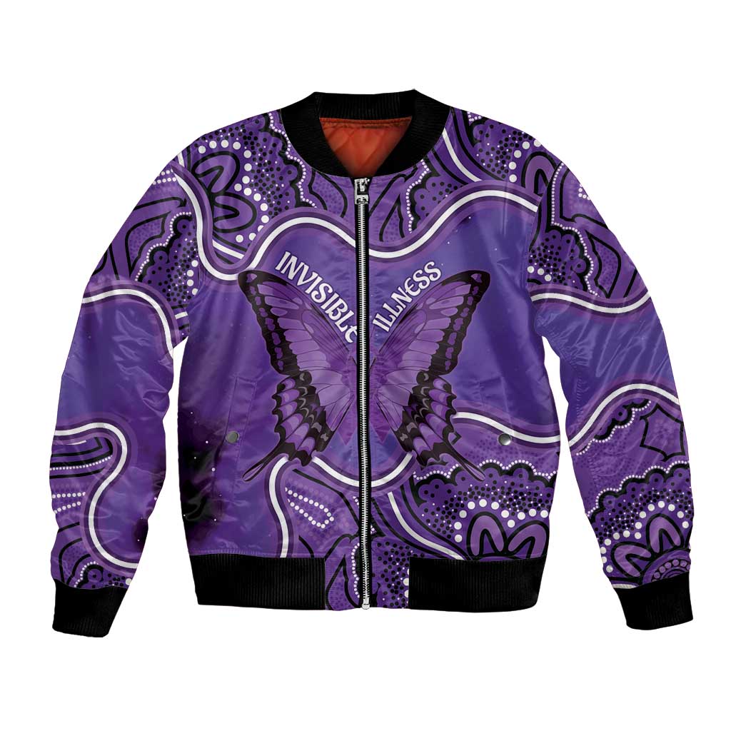 Australia Lupus Awareness Month Personalised Bomber Jacket Butterfly Purple Ribbon Invisible Illness Indigenous Art