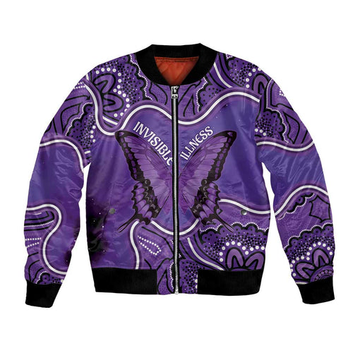 Australia Lupus Awareness Month Personalised Bomber Jacket Butterfly Purple Ribbon Invisible Illness Indigenous Art