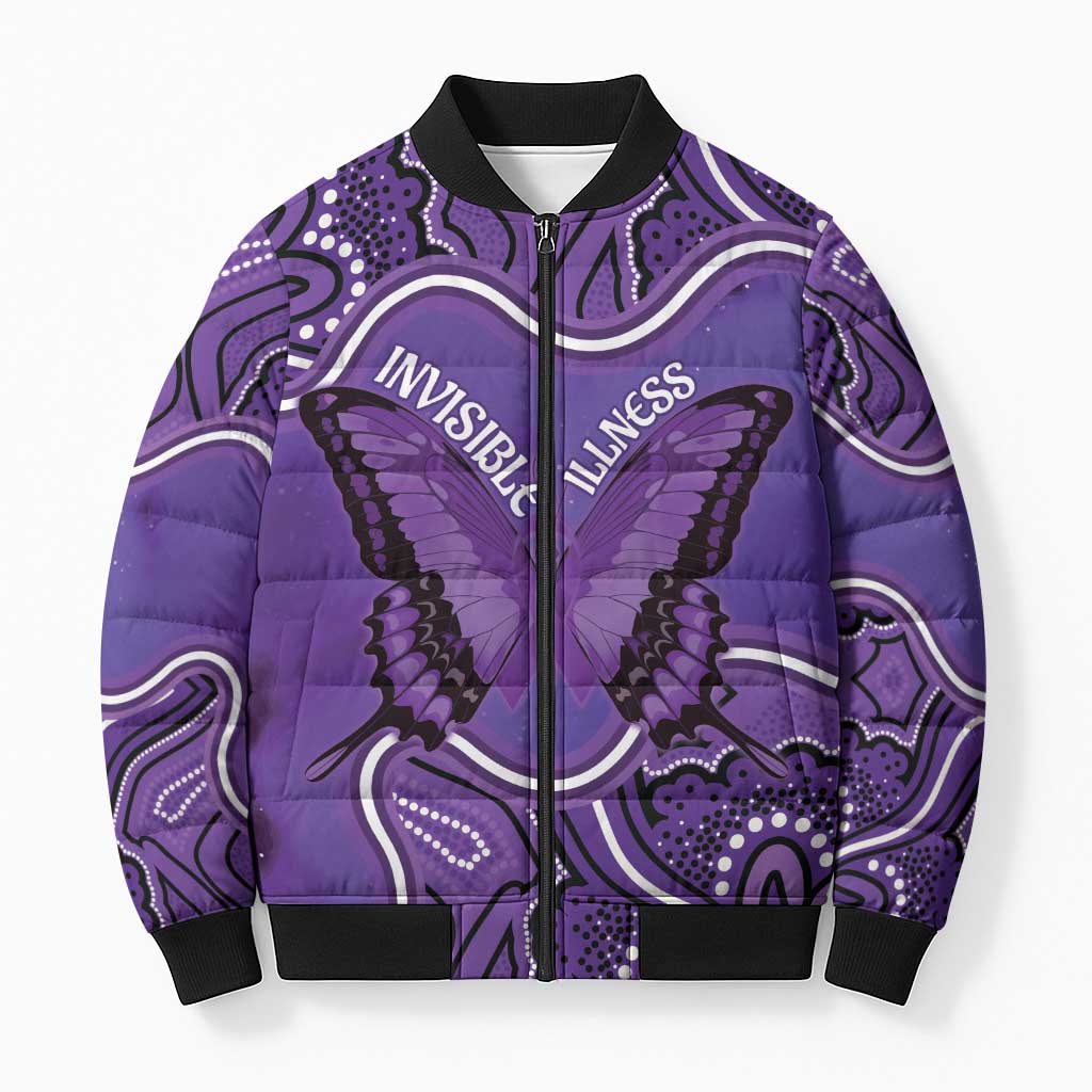 Australia Lupus Awareness Month Personalised Bomber Puffer Jacket Butterfly Purple Ribbon Invisible Illness Indigenous Art