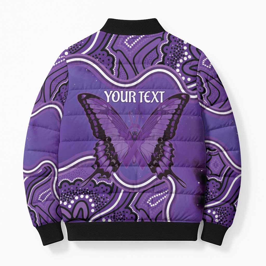 Australia Lupus Awareness Month Personalised Bomber Puffer Jacket Butterfly Purple Ribbon Invisible Illness Indigenous Art