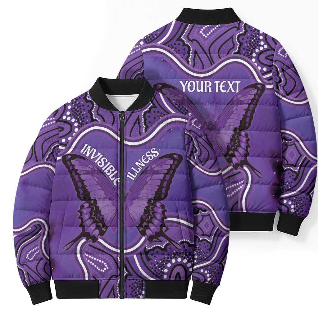 Australia Lupus Awareness Month Personalised Bomber Puffer Jacket Butterfly Purple Ribbon Invisible Illness Indigenous Art