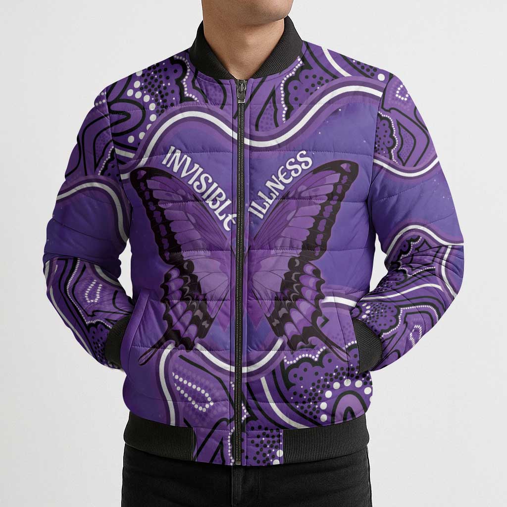 Australia Lupus Awareness Month Personalised Bomber Puffer Jacket Butterfly Purple Ribbon Invisible Illness Indigenous Art