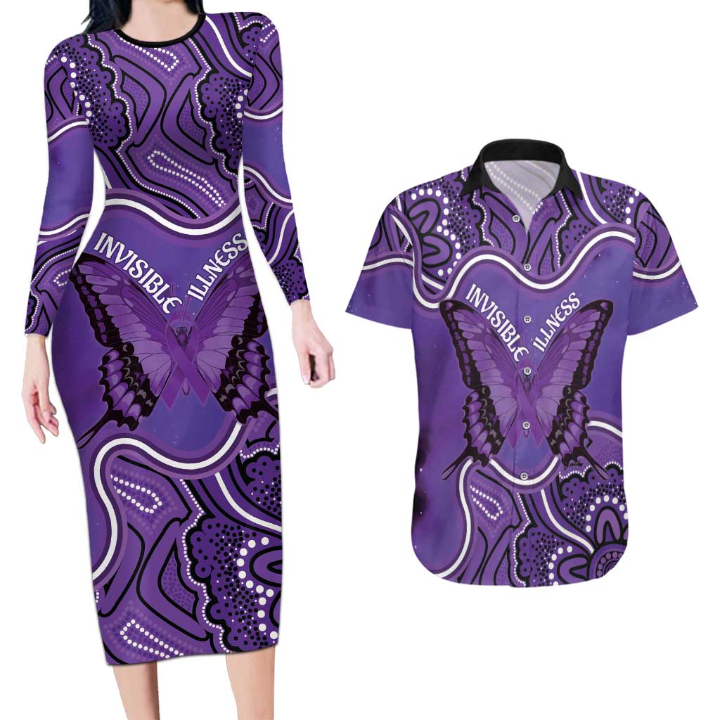 Australia Lupus Awareness Month Personalised Couples Matching Long Sleeve Bodycon Dress and Hawaiian Shirt Butterfly Purple Ribbon Invisible Illness Indigenous Art