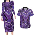 Australia Lupus Awareness Month Personalised Couples Matching Long Sleeve Bodycon Dress and Hawaiian Shirt Butterfly Purple Ribbon Invisible Illness Indigenous Art