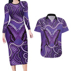 Australia Lupus Awareness Month Personalised Couples Matching Long Sleeve Bodycon Dress and Hawaiian Shirt Butterfly Purple Ribbon Invisible Illness Indigenous Art