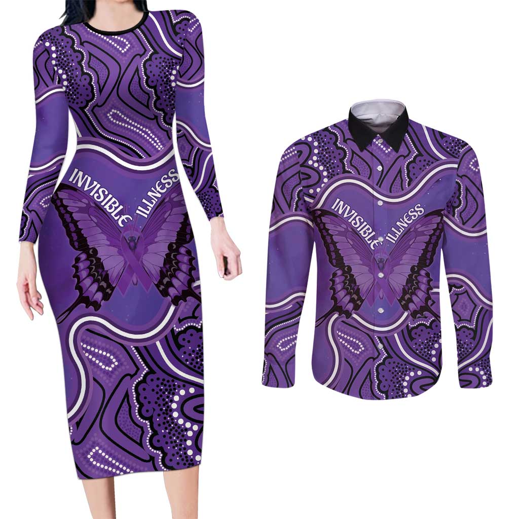 Australia Lupus Awareness Month Personalised Couples Matching Long Sleeve Bodycon Dress and Long Sleeve Button Shirt Butterfly Purple Ribbon Invisible Illness Indigenous Art