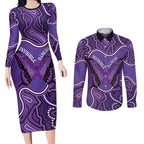 Australia Lupus Awareness Month Personalised Couples Matching Long Sleeve Bodycon Dress and Long Sleeve Button Shirt Butterfly Purple Ribbon Invisible Illness Indigenous Art