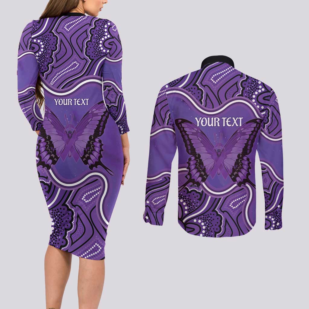 Australia Lupus Awareness Month Personalised Couples Matching Long Sleeve Bodycon Dress and Long Sleeve Button Shirt Butterfly Purple Ribbon Invisible Illness Indigenous Art