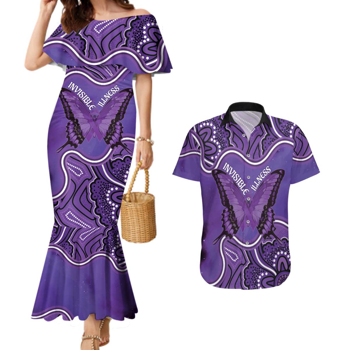 Australia Lupus Awareness Month Personalised Couples Matching Mermaid Dress and Hawaiian Shirt Butterfly Purple Ribbon Invisible Illness Indigenous Art