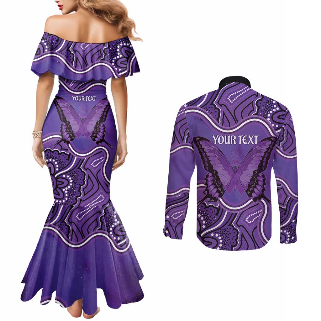 Australia Lupus Awareness Month Personalised Couples Matching Mermaid Dress and Long Sleeve Button Shirt Butterfly Purple Ribbon Invisible Illness Indigenous Art