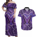 Australia Lupus Awareness Month Personalised Couples Matching Off Shoulder Maxi Dress and Hawaiian Shirt Butterfly Purple Ribbon Invisible Illness Indigenous Art
