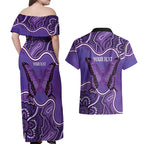 Australia Lupus Awareness Month Personalised Couples Matching Off Shoulder Maxi Dress and Hawaiian Shirt Butterfly Purple Ribbon Invisible Illness Indigenous Art