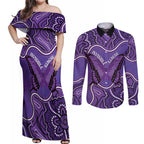 Australia Lupus Awareness Month Personalised Couples Matching Off Shoulder Maxi Dress and Long Sleeve Button Shirt Butterfly Purple Ribbon Invisible Illness Indigenous Art