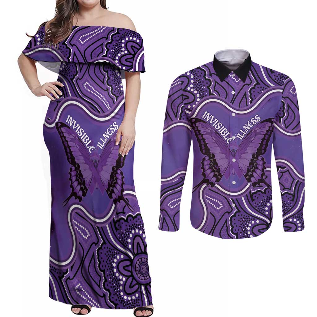 Australia Lupus Awareness Month Personalised Couples Matching Off Shoulder Maxi Dress and Long Sleeve Button Shirt Butterfly Purple Ribbon Invisible Illness Indigenous Art