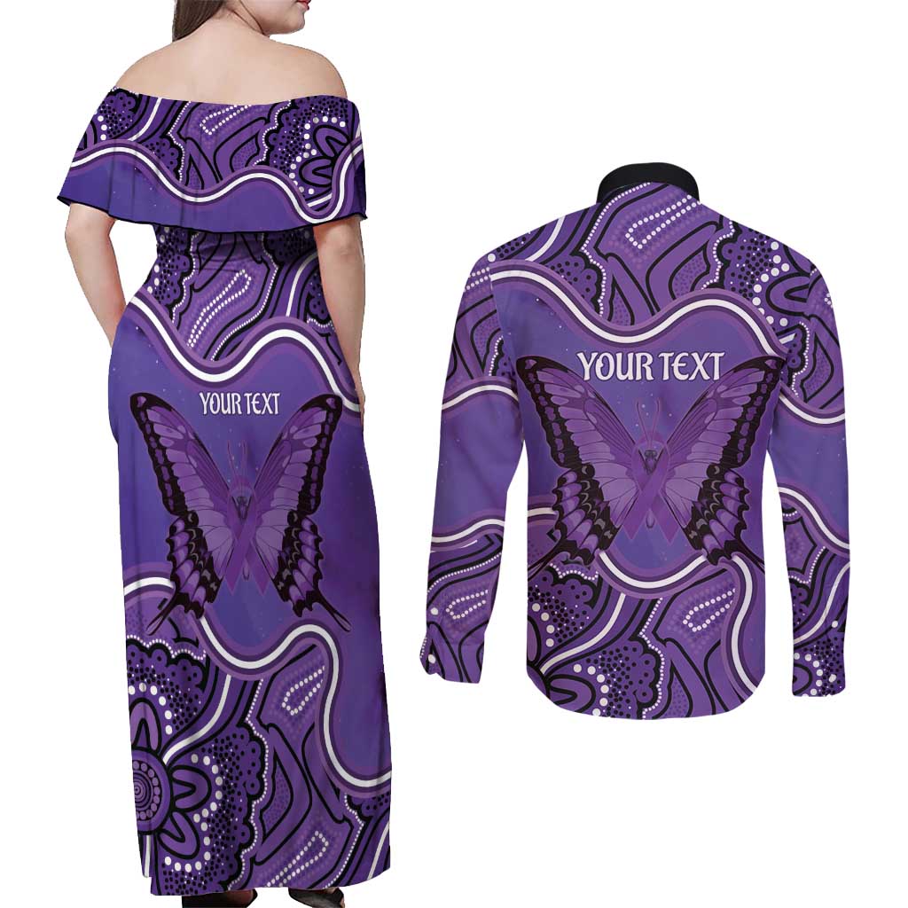 Australia Lupus Awareness Month Personalised Couples Matching Off Shoulder Maxi Dress and Long Sleeve Button Shirt Butterfly Purple Ribbon Invisible Illness Indigenous Art