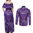 Australia Lupus Awareness Month Personalised Couples Matching Off Shoulder Maxi Dress and Long Sleeve Button Shirt Butterfly Purple Ribbon Invisible Illness Indigenous Art
