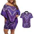 Australia Lupus Awareness Month Personalised Couples Matching Off Shoulder Short Dress and Hawaiian Shirt Butterfly Purple Ribbon Invisible Illness Indigenous Art