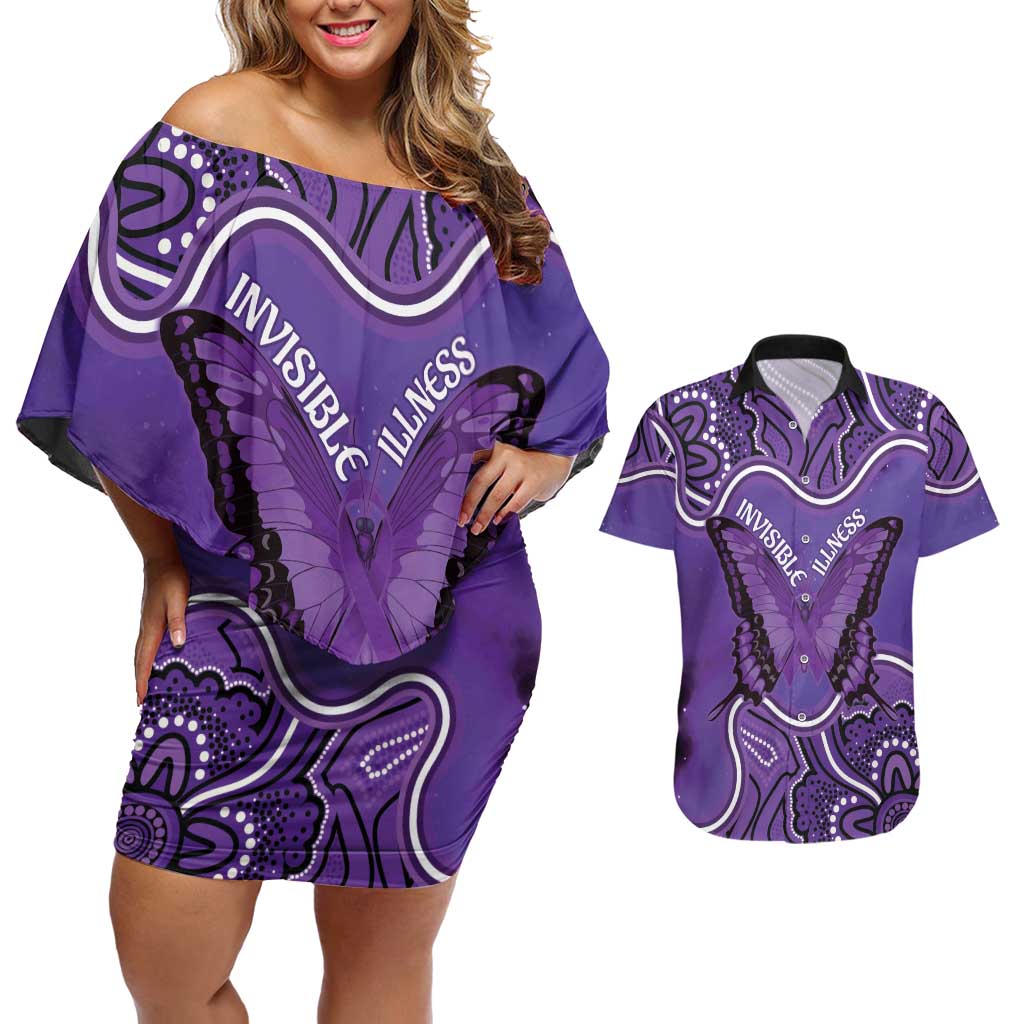 Australia Lupus Awareness Month Personalised Couples Matching Off Shoulder Short Dress and Hawaiian Shirt Butterfly Purple Ribbon Invisible Illness Indigenous Art