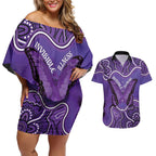 Australia Lupus Awareness Month Personalised Couples Matching Off Shoulder Short Dress and Hawaiian Shirt Butterfly Purple Ribbon Invisible Illness Indigenous Art