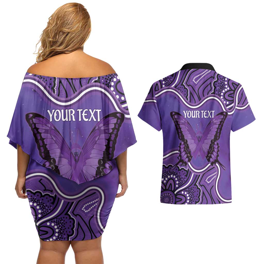 Australia Lupus Awareness Month Personalised Couples Matching Off Shoulder Short Dress and Hawaiian Shirt Butterfly Purple Ribbon Invisible Illness Indigenous Art