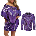 Australia Lupus Awareness Month Personalised Couples Matching Off Shoulder Short Dress and Long Sleeve Button Shirt Butterfly Purple Ribbon Invisible Illness Indigenous Art