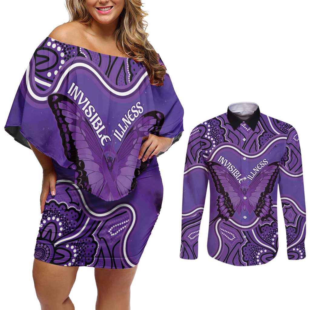 Australia Lupus Awareness Month Personalised Couples Matching Off Shoulder Short Dress and Long Sleeve Button Shirt Butterfly Purple Ribbon Invisible Illness Indigenous Art