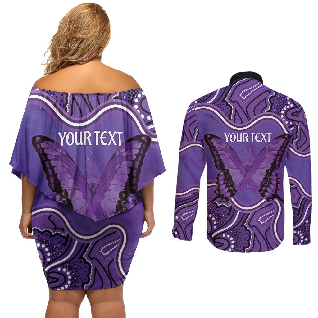 Australia Lupus Awareness Month Personalised Couples Matching Off Shoulder Short Dress and Long Sleeve Button Shirt Butterfly Purple Ribbon Invisible Illness Indigenous Art