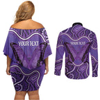 Australia Lupus Awareness Month Personalised Couples Matching Off Shoulder Short Dress and Long Sleeve Button Shirt Butterfly Purple Ribbon Invisible Illness Indigenous Art