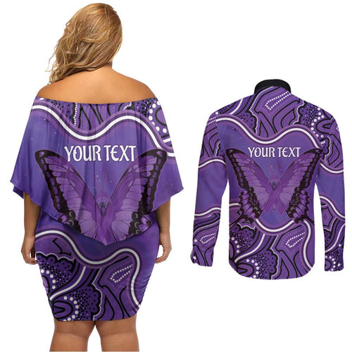 Australia Lupus Awareness Month Personalised Couples Matching Off Shoulder Short Dress and Long Sleeve Button Shirt Butterfly Purple Ribbon Invisible Illness Indigenous Art