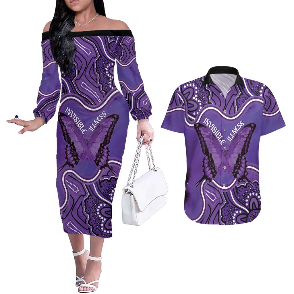 Australia Lupus Awareness Month Personalised Couples Matching Off The Shoulder Long Sleeve Dress and Hawaiian Shirt Butterfly Purple Ribbon Invisible Illness Indigenous Art
