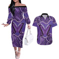 Australia Lupus Awareness Month Personalised Couples Matching Off The Shoulder Long Sleeve Dress and Hawaiian Shirt Butterfly Purple Ribbon Invisible Illness Indigenous Art