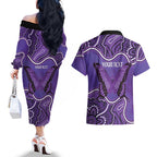 Australia Lupus Awareness Month Personalised Couples Matching Off The Shoulder Long Sleeve Dress and Hawaiian Shirt Butterfly Purple Ribbon Invisible Illness Indigenous Art