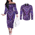 Australia Lupus Awareness Month Personalised Couples Matching Off The Shoulder Long Sleeve Dress and Long Sleeve Button Shirt Butterfly Purple Ribbon Invisible Illness Indigenous Art