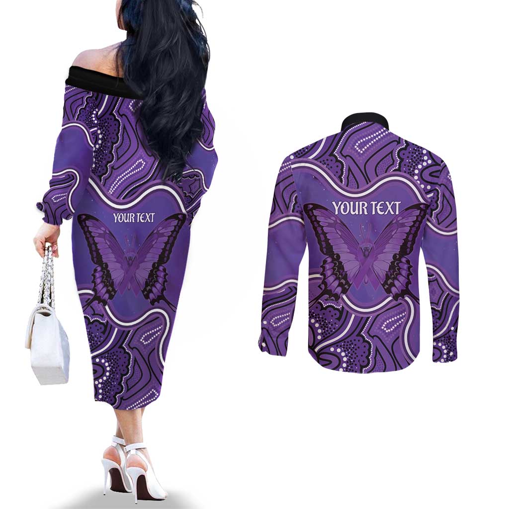 Australia Lupus Awareness Month Personalised Couples Matching Off The Shoulder Long Sleeve Dress and Long Sleeve Button Shirt Butterfly Purple Ribbon Invisible Illness Indigenous Art