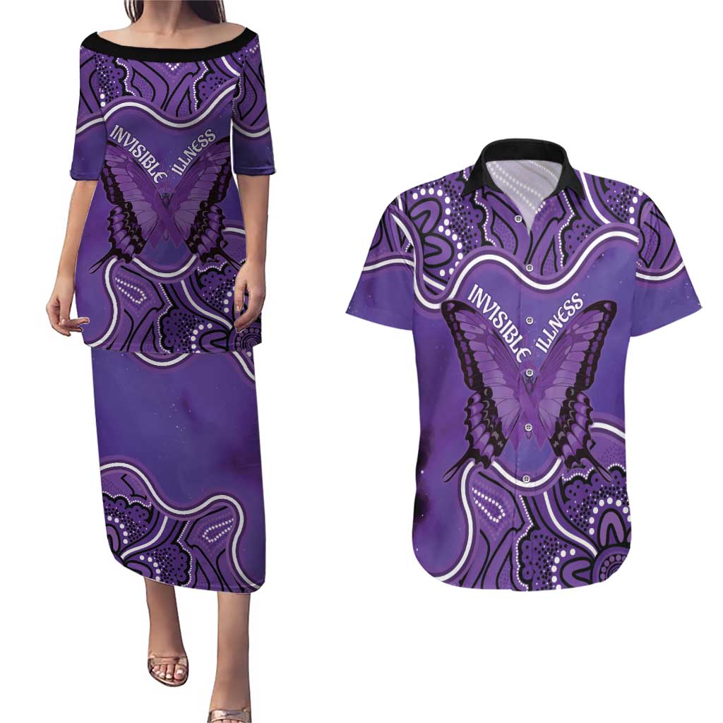 Australia Lupus Awareness Month Personalised Couples Matching Puletasi and Hawaiian Shirt Butterfly Purple Ribbon Invisible Illness Indigenous Art