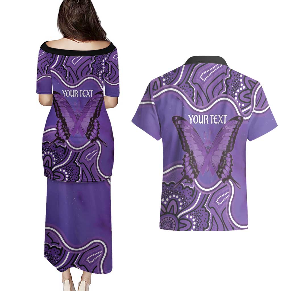 Australia Lupus Awareness Month Personalised Couples Matching Puletasi and Hawaiian Shirt Butterfly Purple Ribbon Invisible Illness Indigenous Art