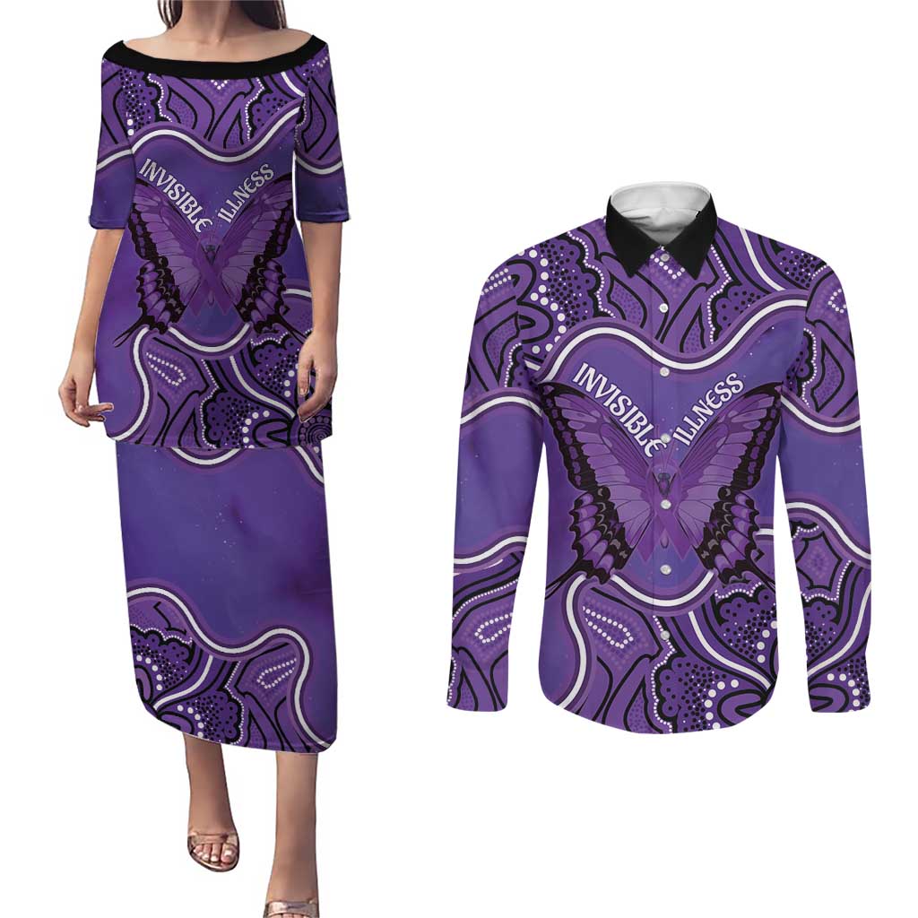 Australia Lupus Awareness Month Personalised Couples Matching Puletasi and Long Sleeve Button Shirt Butterfly Purple Ribbon Invisible Illness Indigenous Art